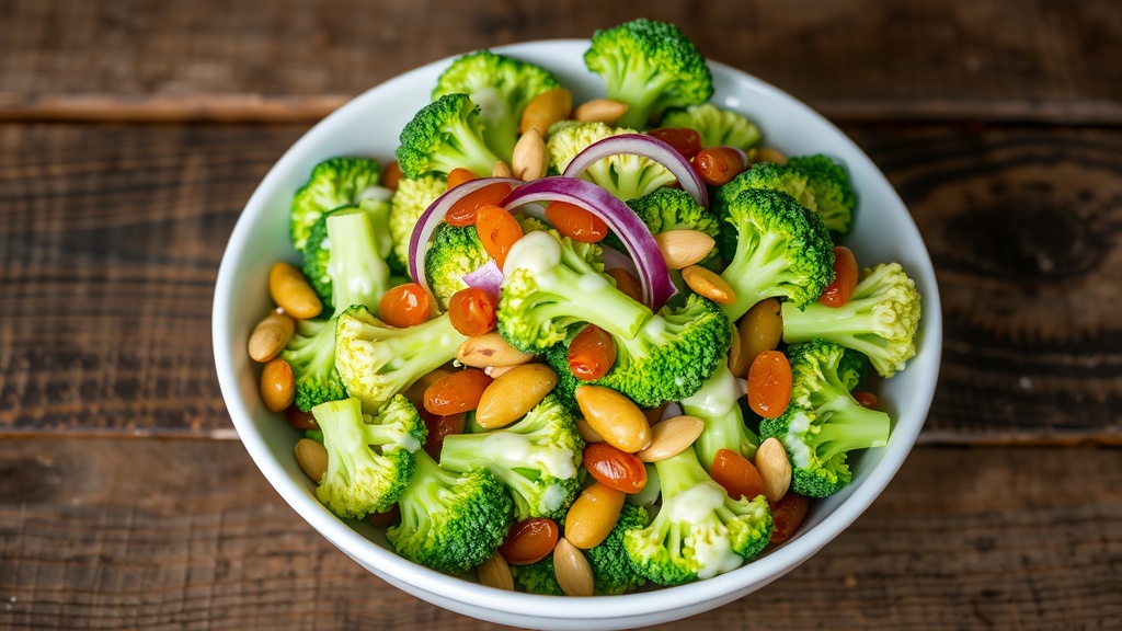 Crunchy Broccoli Salad with Creamy Dressing A colorful Broccoli Salad with broccoli, raisins, sunflower seeds, and a creamy dressing, served in a bowl on a wooden table.